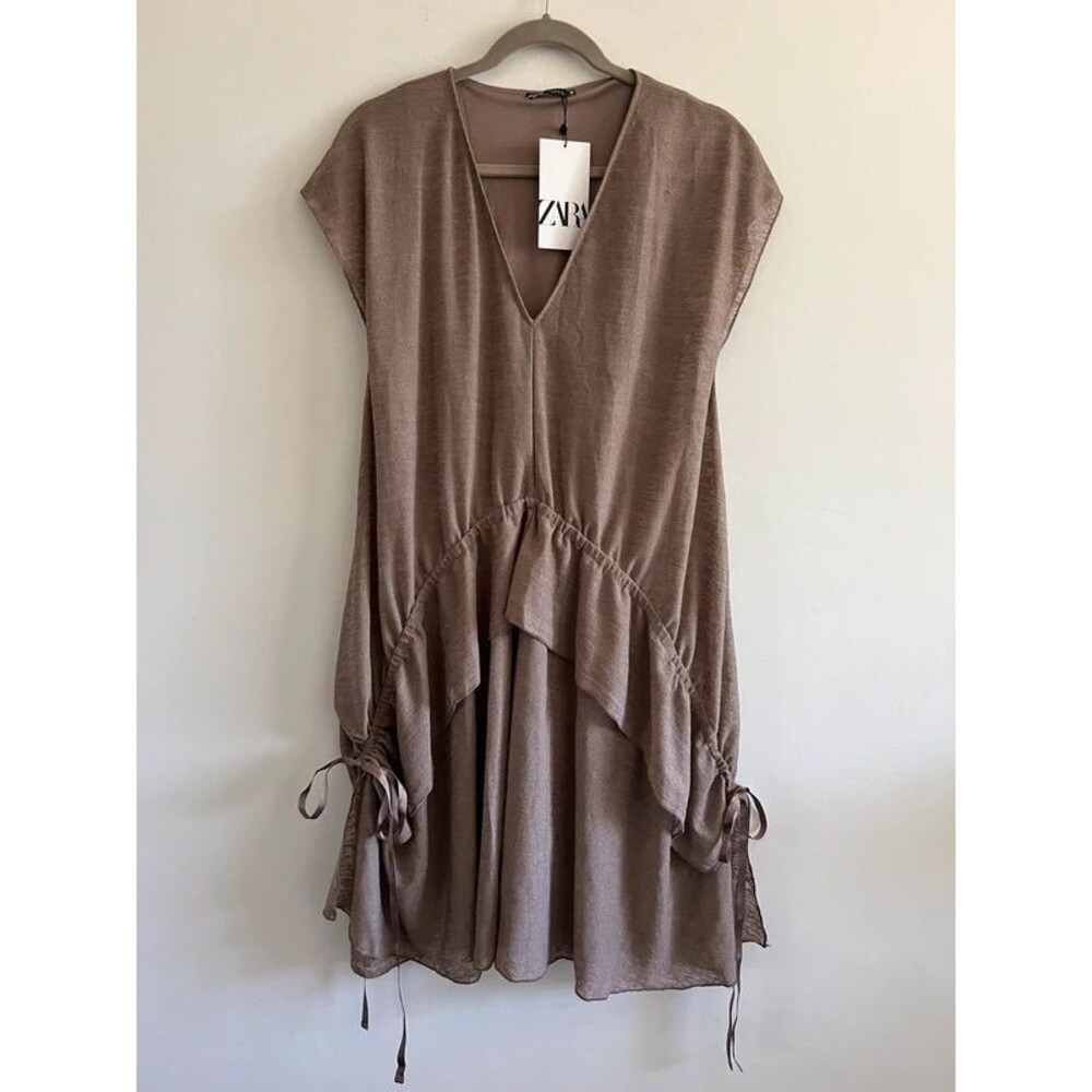 ZARA Taupe Brown Cap Sleeve Gathered Waist Dress - S